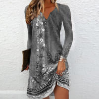 Vestido Largo Manga Completa Impresión Vintage Para Mujer Moda Otoño/E Invierno Cuello V Estilo Casual Ajuste Natural Talla Grande - details 1