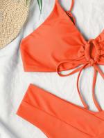 Nuevo conjunto de bikini de alta elasticidad verano 2025, sexy de dos piezas con cordones de color sólido para mujer, traje de baño de playa - details 18