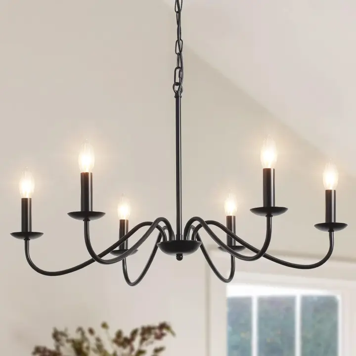 Candelabros de rueda de vagón para sala de estar, 6 luces rústicas industriales para exteriores, lámpara colgante negra para comedor, cocina, pasillo, dormitorio, ajuste de altura - 1