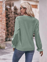 Blusa de gasa de retazos de encaje para mujer, camisa elegante informal de manga larga con cuello en V, trabajo de oficina, moda - details 25