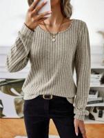 Suéter de Manga Larga para Mujer Jersey Informal a Rayas Verticales, Holgado, Color Sólido, Cuello Redondo, Moda de Otoño 2025 - details 4