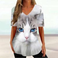 Camiseta Gráfica de Gato Kawaii Manga Corta, Estampado Haruku, Cuello en V, Ropa Suelta para Mujeres - details 17