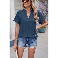 BUNO-2025 Blusas informales para mujer, camisas holgadas de manga corta con cuello de pico de Jacquard bordado a la moda, Tops elegantes de colores sólidos para verano - details 7