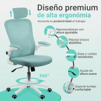 Silla de Oficina Ajustable y Reclinable Soporte Lumbar, Reposacabezas Ajustable, Plegable, Transpirable, Ruedas Giratorias 360° Verde - details 3