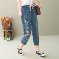 Pantalones vaqueros holgados con bordado Floral para mujer, Jeans azules rasgados, elásticos, Estilo Vintage chino, Verano - details 4