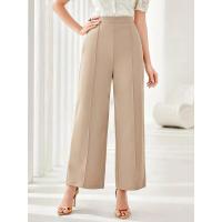 Pantalones de vestir coreanos elásticos cómodos y elegantes de cintura alta anchos de pierna recta marrón para mujer - details 12