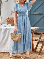 Vestido Maxi de Verano Elegante Cuello en V, Manga Abullonada, Cintura Alta, Encaje, Vestido de Moda para Mujeres con Abertura de Rodilla - details 3