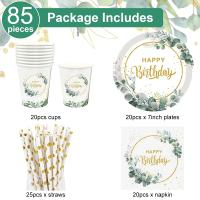 Juego de vajilla desechable de hoja de eucalipto verde, plato de papel, taza, servilleta, decoración para fiesta de feliz cumpleaños, suministros de baño para bebé, 85 Uds. - details 5