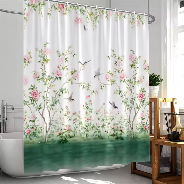 Cortina de ducha Plantas florales Flores Bambú Mariposa Enredaderas verdes Hierba botánica Decoración moderna para baño Cortina de bañera de poliéster - 1