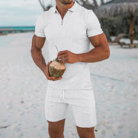 Verano de los hombres nuevo conjunto de pantalones cortos de manga corta Conjunto de manga corta Polo con cremallera de solapa para hombres europeos y americanos - details 3