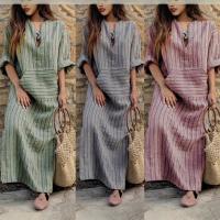 Nuevo vestido suelto de rayas teñidas de algodón y lino - details 1