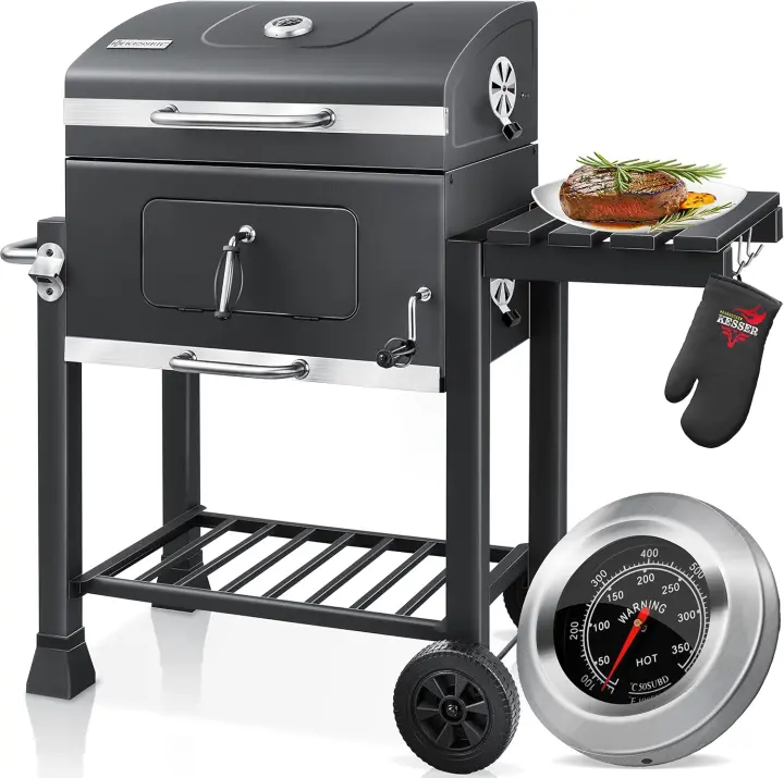 Parrilla de Carbón Grande con Carrito Asador BBQ de Acero Inoxidable con Termómetro - 1