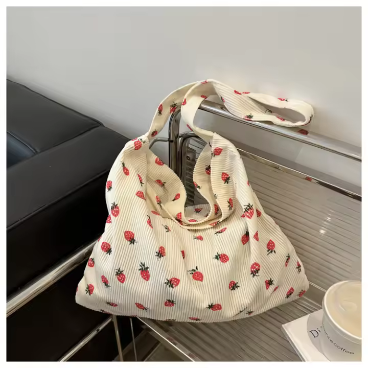 Bolso de Hombro Grande de Corduroy 2025 Bolso Impreso de Mano para Commutación Literaria y Artística Material de Lining de Poliéster Exterior de Nylon - 1