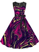 Vestido midi de fiesta elegante de verano con estampado floral, encaje, sin mangas, línea A y cinturón para mujer - details 11