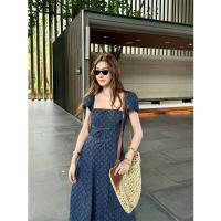 Nuevo temperamento, vestido largo azul para ir al trabajo, moda de verano con cintura, descanso para el café, vestido fino con cuello cuadrado francés para mujer - details 1