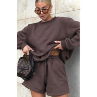 Wind Conjunto de pantalones cortos y sudadera con cuello redondo informal holgado de Color puro para mujer - details 21