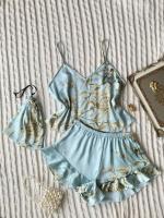 Moda verano, 3 piezas, camisola y pantalón corto, estampado floral de seda con bolso colgante, pijama de mujer, pijama de casa - details 7