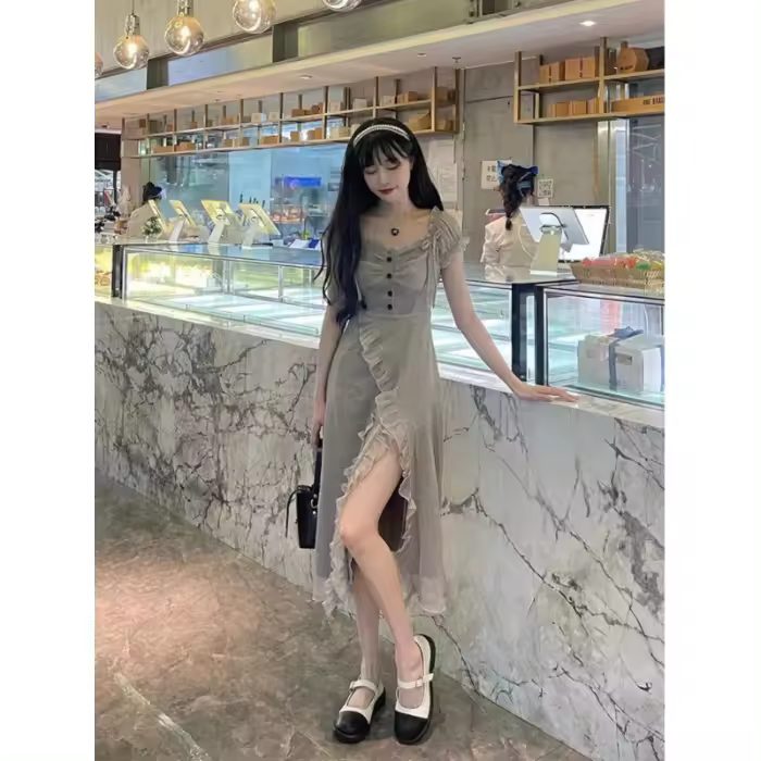 Vestido de Cintura Ajustada de Estilo Francés para Mujer Verano 2025 Manga Abullonada, Falda Larga, Deseo Puro, Adelgazante - 1