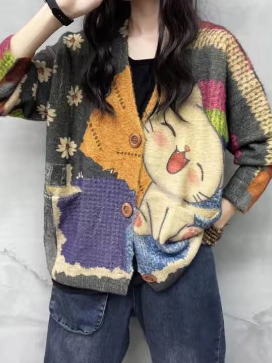 Cárdigans de estilo Harajuku para mujer, ropa de dibujos animados, suéteres informales con retales estampados, cárdigans Punk sueltos, invierno, 2023 - 1