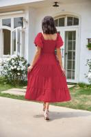 Vestido de manga corta fruncido con cuello cuadrado y espalda descubierta a la moda para mujer - details 19