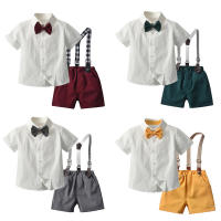Cárdigan de algodón de manga corta para niño, pantalones cortos con tirantes de caballero, dos piezas, flor de boda, estilo coreano, color blanco puro, verano - details 0