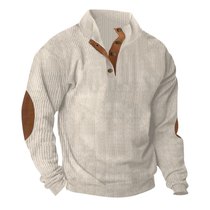 Polo Vintage para Hombres Manga Larga con Cuello de Corduroy Patches de Codo Beige Top Occidental Lavado en Máquina Ciervo Algodón Abrigo para Otoño/Invierno