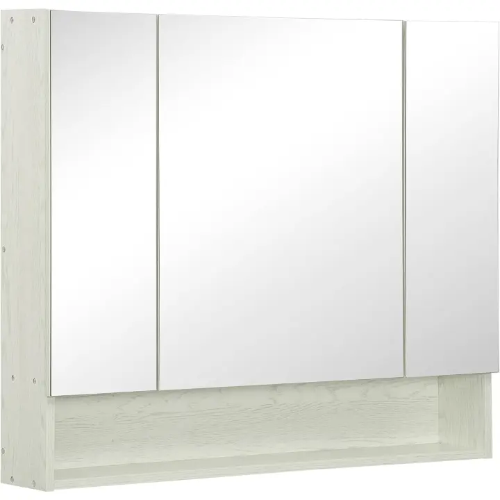 Armario de baño con espejo, armario de pared con 3 puertas, estante ajustable y compartimento, mueble de baño colgante para salón, 90x15x75 cm, blanco - 1