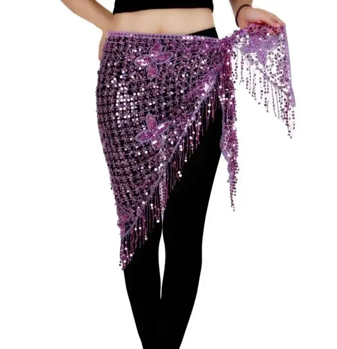Nuevo pañuelo con nalgas elásticas, borlas largas, lentejuelas triangulares, cinturón de escenario de tercer nivel para danza del vientre, accesorios para chal, - 1