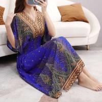 Casual bohemio estilo nacional con cuello en V cintura elástica gran Swing impreso verano Falda larga mujer vestido ropa - details 1