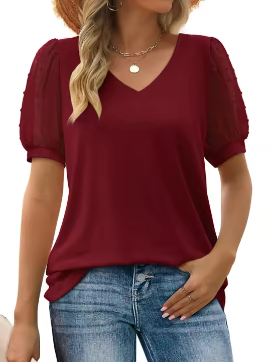 Top de encaje, nueva camiseta casual holgada con cuello en V de color sólido, mujer de manga corta de verano - 1