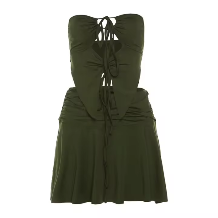 BUNO-Conjunto de 2 piezas de tendencia verano, Tops fruncidos sin tirantes + faldas con cintura fruncida, ropa elástica a juego para vacaciones en la calle - 1