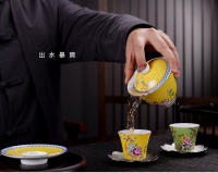 Juego de té de kung fu de cerámica chapado en oro pintado a mano con flores pintadas en polvo Dehua, cuenco de tres piezas, cuenco cubierto de esmalte - details 12