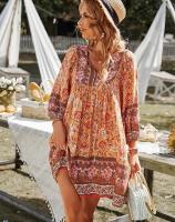 Vestido corto bohemio de manga larga para mujer 2025, vestido casual holgado con cuello en V - details 6