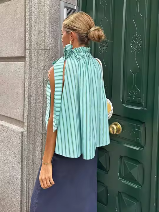 Top a rayas con cuello redondo para mujer, top plisado sin mangas con encaje, camisa informal de pierna recta, moderno y elegante - 1