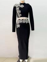 Conjunto de Vestido y Falda Mini de Manga Larga Estilo de Turtén Brillante con Diamantes - details 11