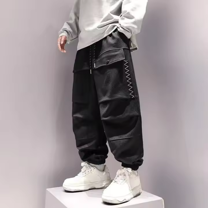Primavera otoño estilo japonés pantalones de Color sólido hombres sueltos cintura elástica cordón pies atados pantalones Cargo bolsillos ropa masculina - 1