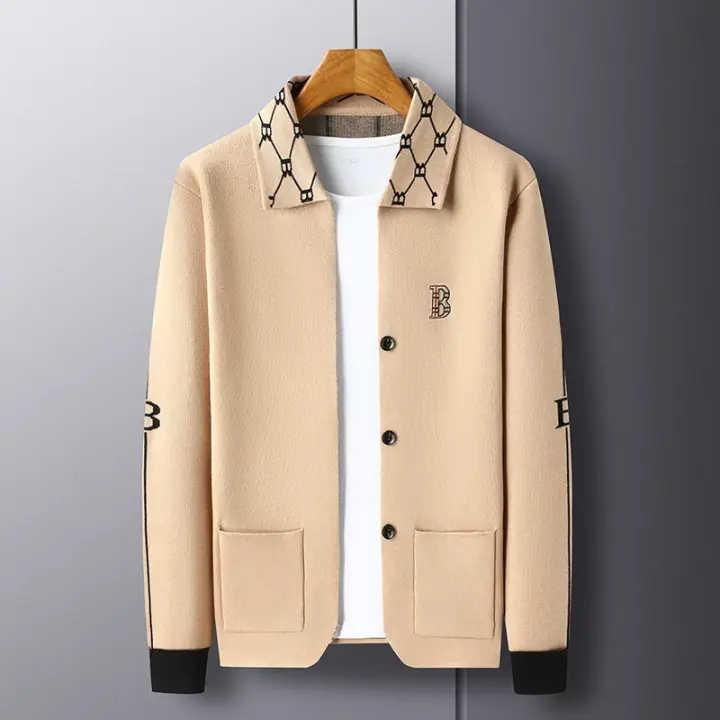 Jersey de punto de manga larga con solapa para hombre con letras bordadas de otoño e invierno, chaqueta tipo suéter informal - 1