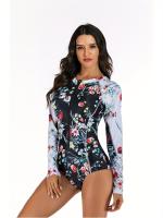 Traje de baño de una pieza con estampado floral de manga larga, traje de buceo con cierre frontal con cremallera y cuello alto - details 2
