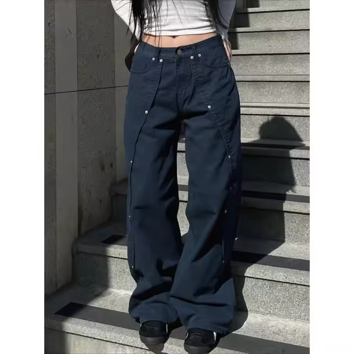 Pantalones vaqueros holgados informales con remaches, pantalones de pierna ancha, pantalones rectos básicos de cintura baja para mujer - 1