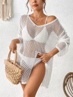 Vestido playero de manga larga para mujer, cárdigan de punto transparente con ribete de encaje, ropa de malla para resort, pareo de baño para vacaciones de verano - details 14