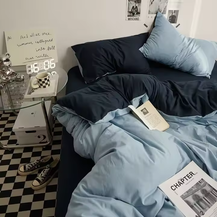 Tiendas de alta calidad, ropa de cama de algodón lavada doble de Color sólido, juego de 4 piezas, ropa de cama para dormitorio de estudiantes, juego de edredón, traje de cama - 1