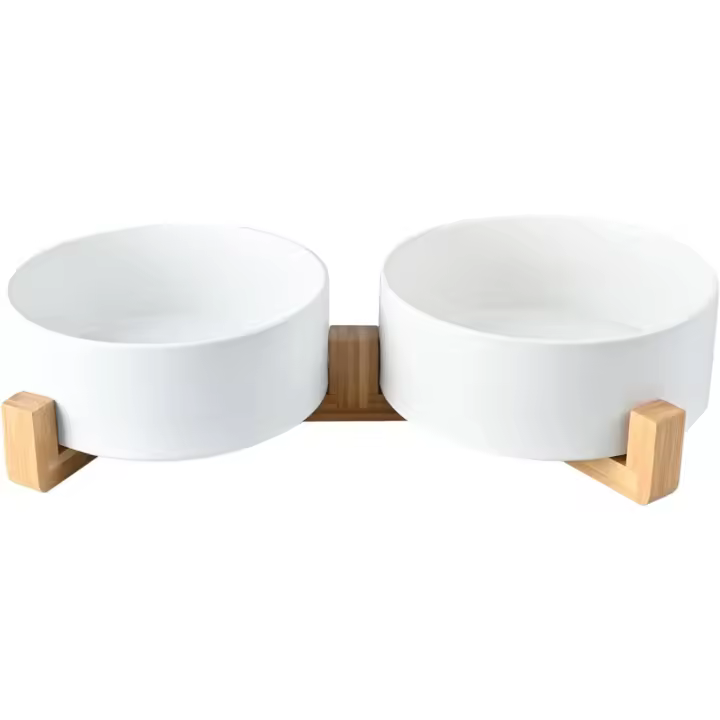 10 x 10 x 2 cm Blanco Cuenco Doble de cerámica para Perros con Soporte de bambú para Perros Grandes - 1