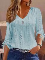 Blusa de manga larga para mujer, camisas casuales con botones y cuello en V, blusas elegantes con hebilla para mujer 2024 - details 4