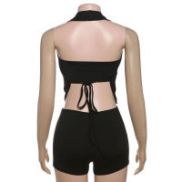 Conjunto corto ajustado de verano, nuevo, a la moda, de color sólido, sin tirantes, con cuello halter y lazo para mujer - details 9