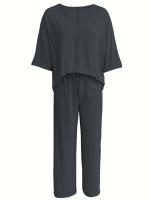 Conjunto de pantalones de pierna ancha holgados informales con manga de murciélago y cuello de 2025V para mujer - details 6