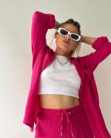 Conjunto de dos piezas para mujer, camisa de manga larga con cuello vuelto de tela arrugada, pantalones cortos con cordón de cintura alta, moda informal de talla grande - details 29