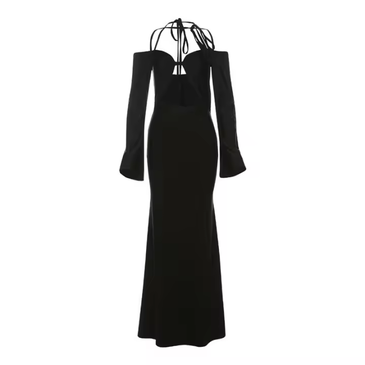 BUNO Vestido clásico elegante para mujer, ropa de noche con escote halter, hombros descubiertos, espalda descubierta, manga larga - 1