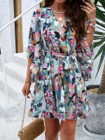 Vestido de primavera y verano para mujer, Media manga, estampado de flores, elegante cuello en V, informal, línea A, hasta la rodilla, cintura alta - details 19
