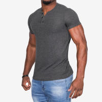 Camiseta de manga corta Henley para hombre, camisa informal de algodón, gris oscuro, M-6XL - details 4
