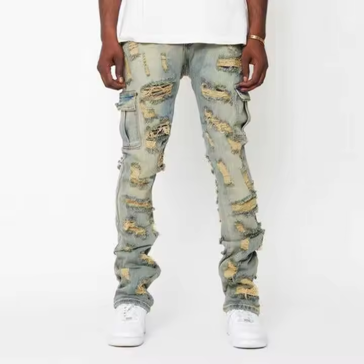 Topshow, artículos en forma de trompeta rasgados de mezclilla italiana, jeans apilados Deming para hombres - 1